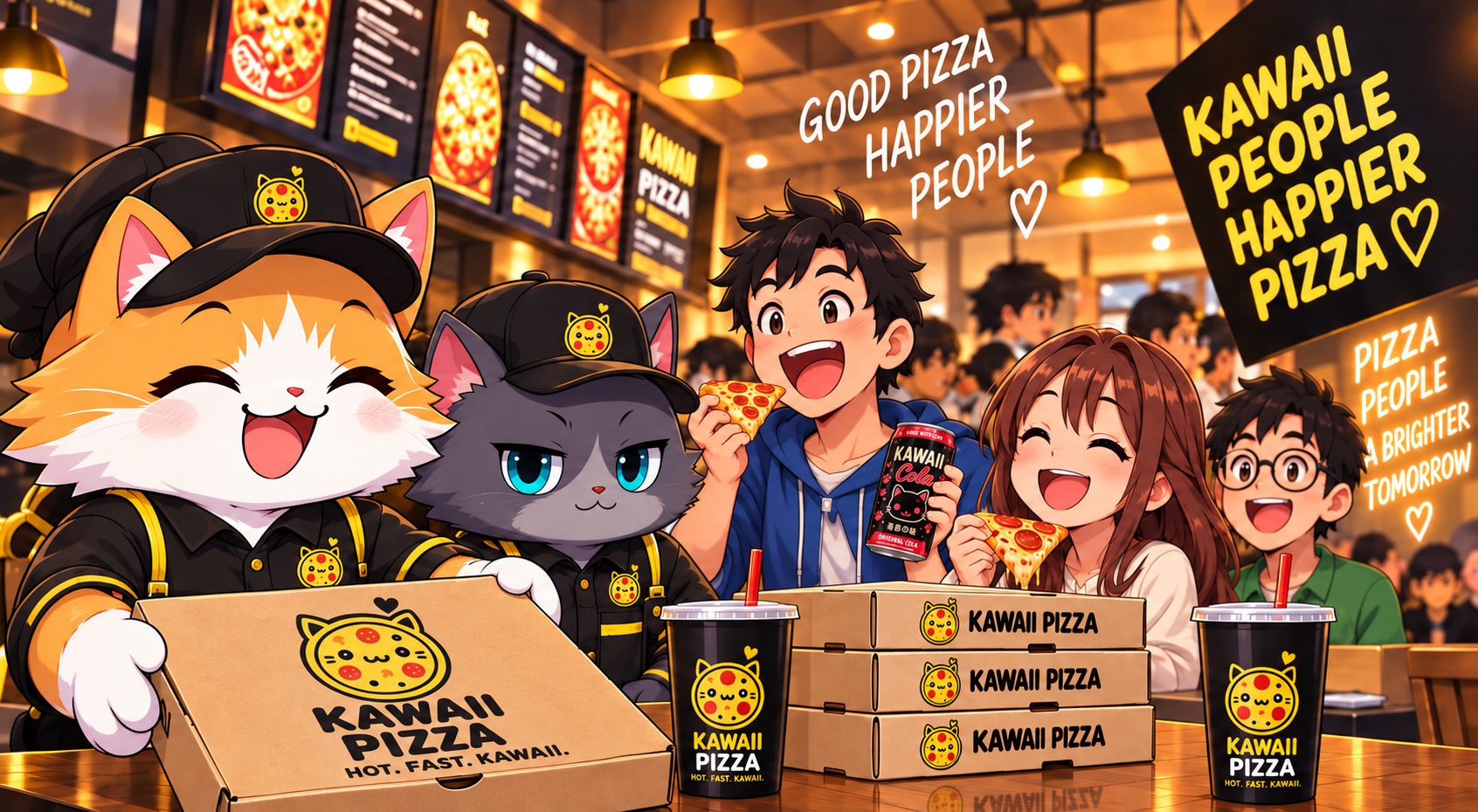 Kawaii Pizza™ — restaurant avec les chats Kawaii Pizza et leurs clients